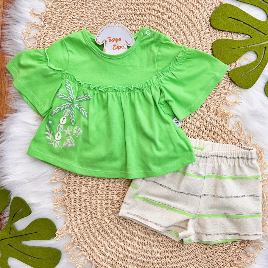 Conj. Batinha Búzios e Short Listrado - Verde e Areia